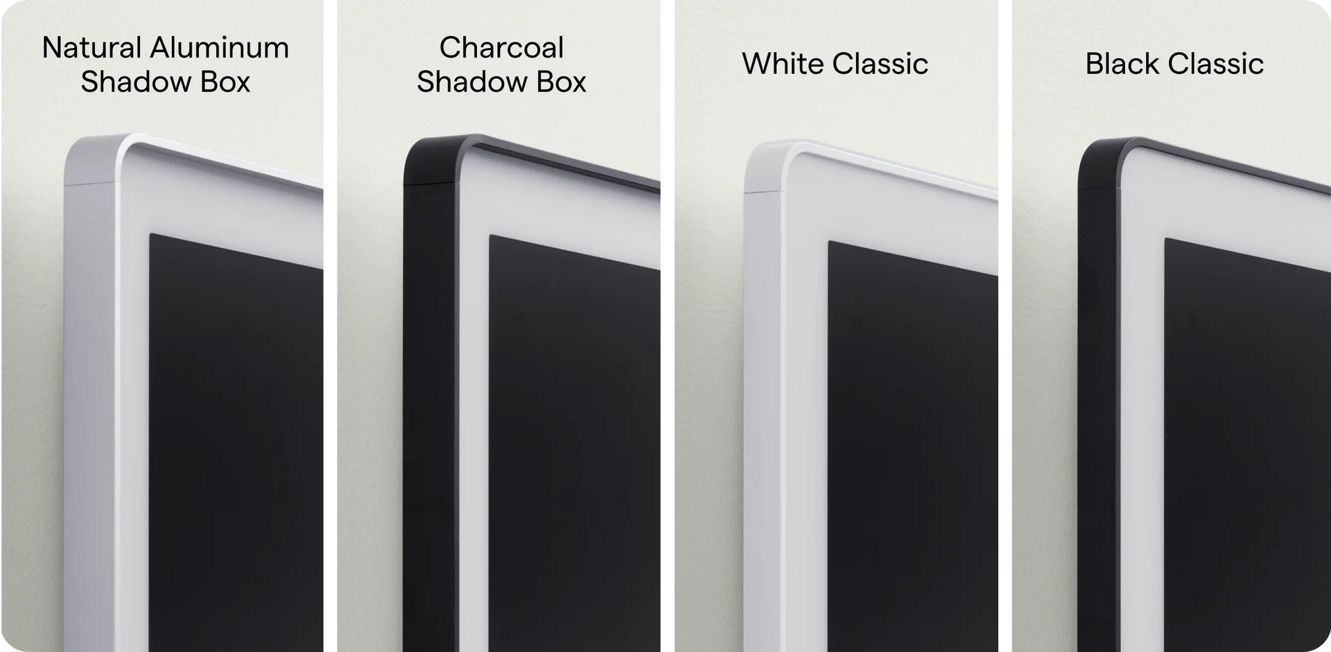 Close-up of four digital display frame styles in black, white, charcoal and shadow box finishes, showcasing swappable frame options to suit different home aesthetics